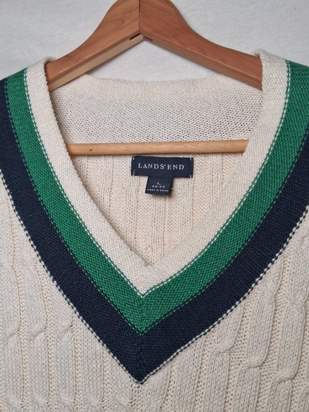 Lands End Sweater Vest Men L V Neck Cable Knit Academia Preppy Ivory Linen Blend - Picture 3 of 13